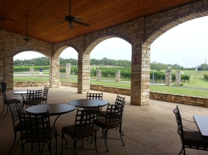 Outdoor pavilion at Flat Creek Winery in Texas, overlooking their vineyards. 