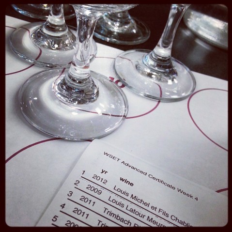 Wine sensory evaluation – an educational tasting session – hosted by a Wine and Spirits Education Trust class.  Flights of wine are chosen to emphasize regional and stylistic characteristics that are specific to a given region.